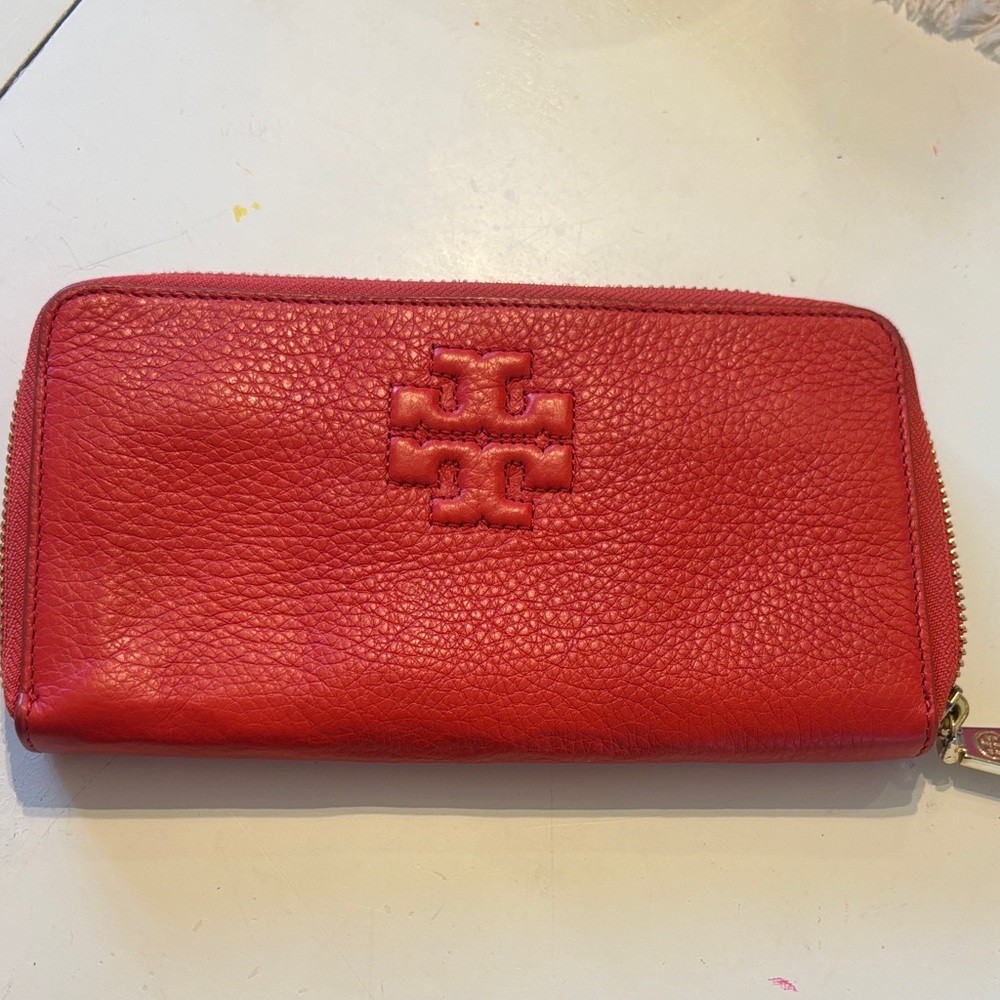 Tory Burch Orange Red Pebbled Leather Wallet